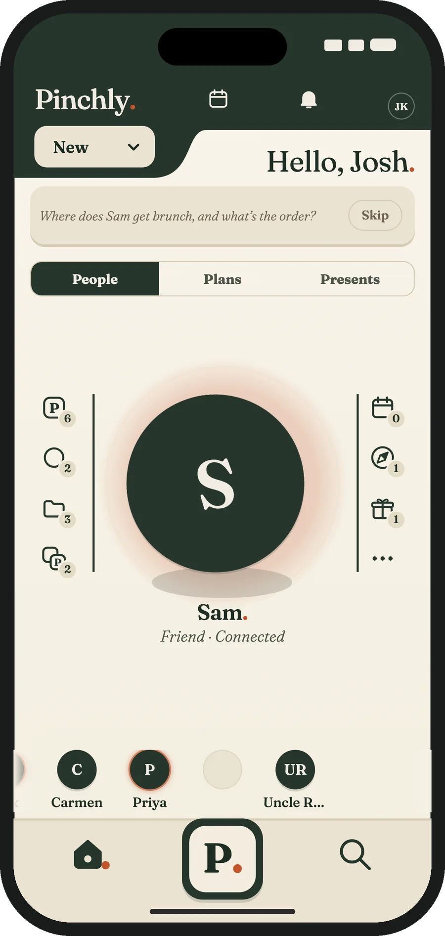 Sam's profile in Pinchly: a Connection, with the counts of Pinches, Circles, Categories, Moments and Gift Lists around the avatar
