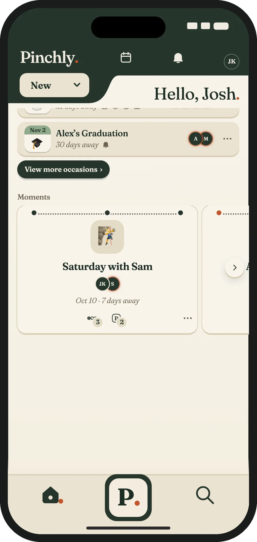 The Plans tab: your Moments, each with its date