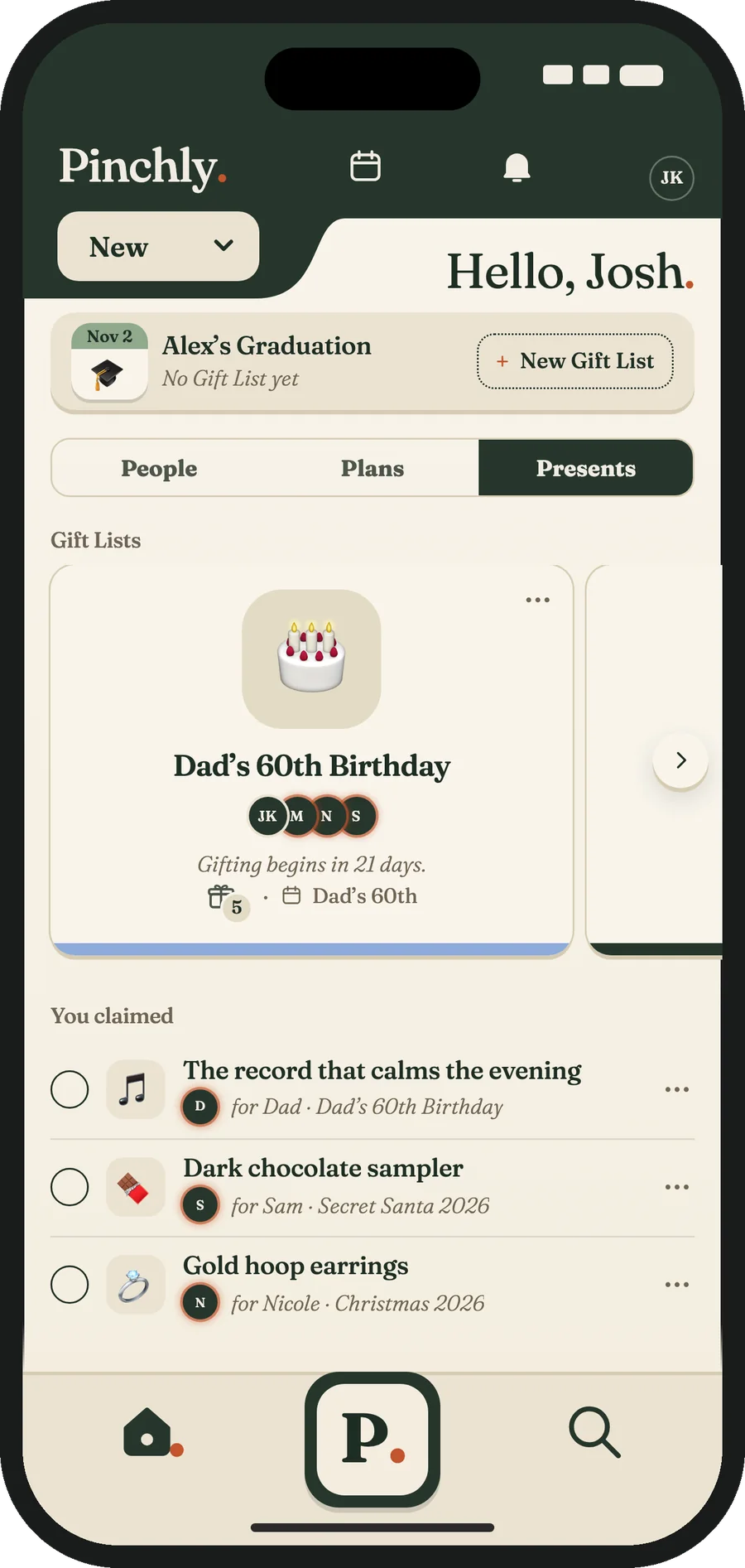 The Gift Lists tab: a Gift List for Dad's 60th Birthday, and the gifts you claimed