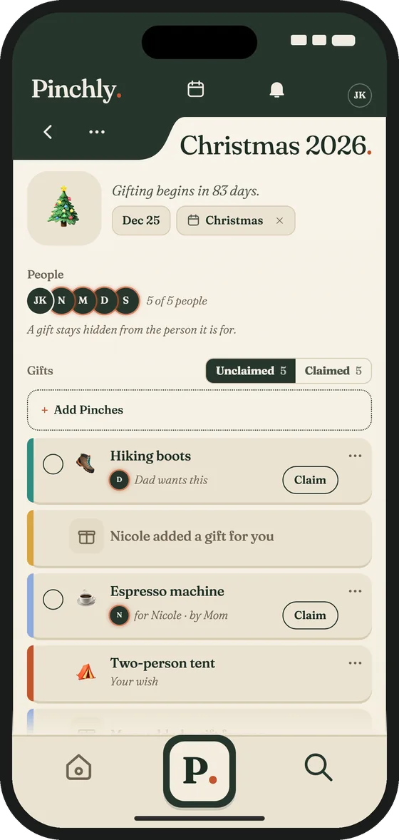 Inside a Gift List, Christmas 2026: its people, and its gifts with a Claim button on each unclaimed one