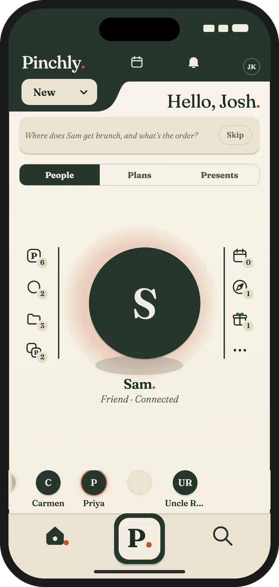 A person's profile: their avatar, with the counts of their Pinches, Circles, Categories, Moments and Gift Lists beside it