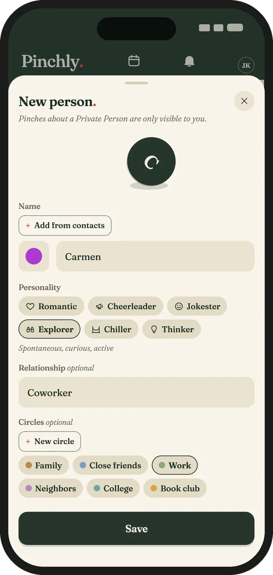 New person: a name, then a Personality chosen from Romantic, Cheerleader, Jokester, Explorer, Chiller and Thinker